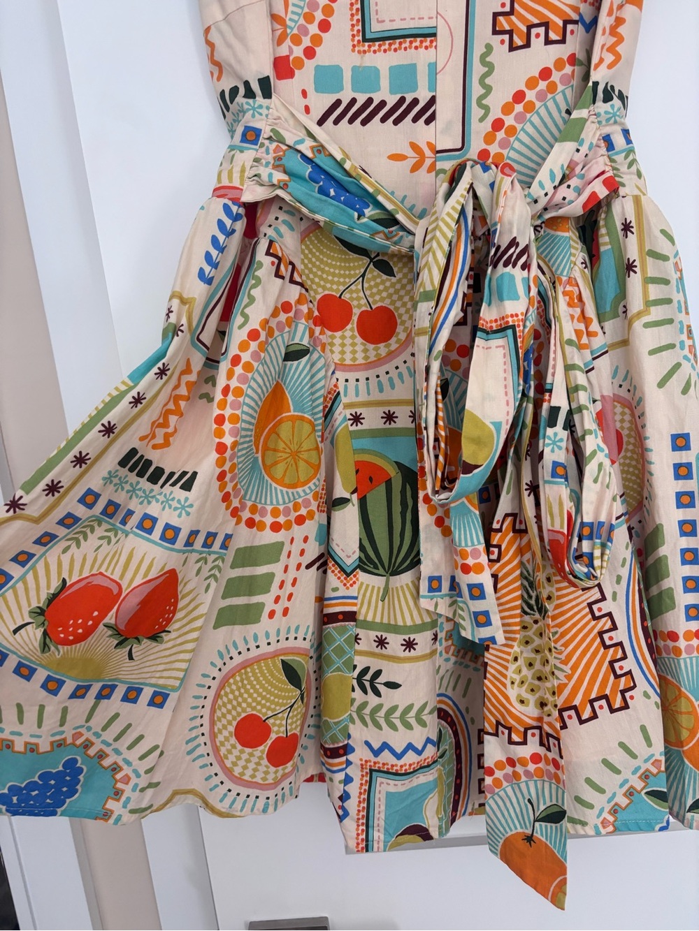 Cream Fruit Print Mini Dress with Square Neckline - Picture 4 of 7